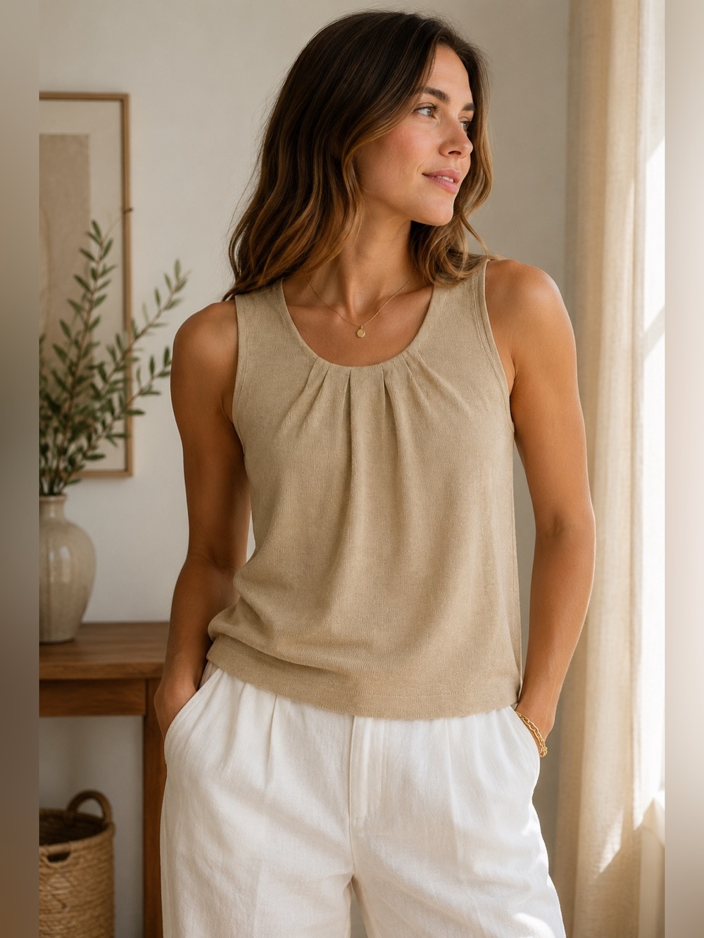 Lafayette 148 New York 100% Linen Beige Knit Tank Top Size M